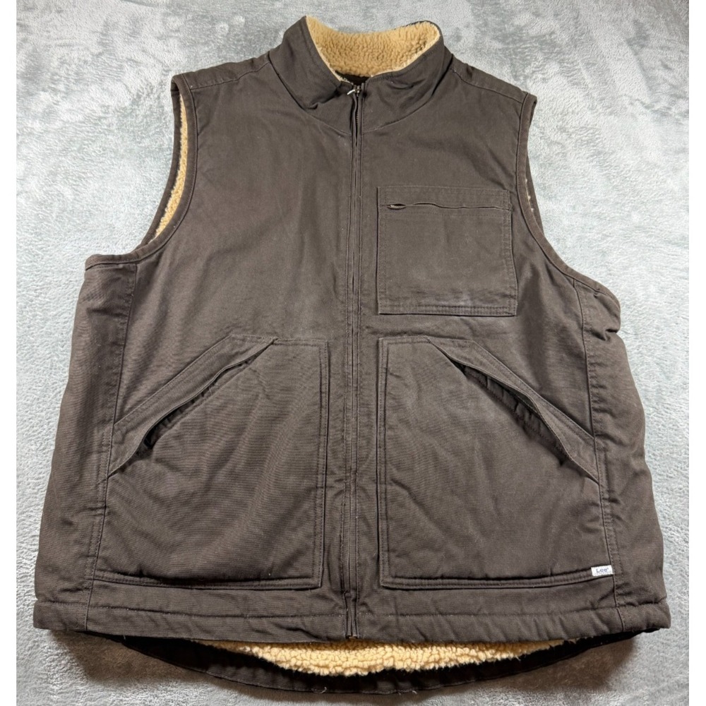 Lee Workwear Vest Mens XL Brown Sherpa Lined Canvas Duck Full Zip Workwear